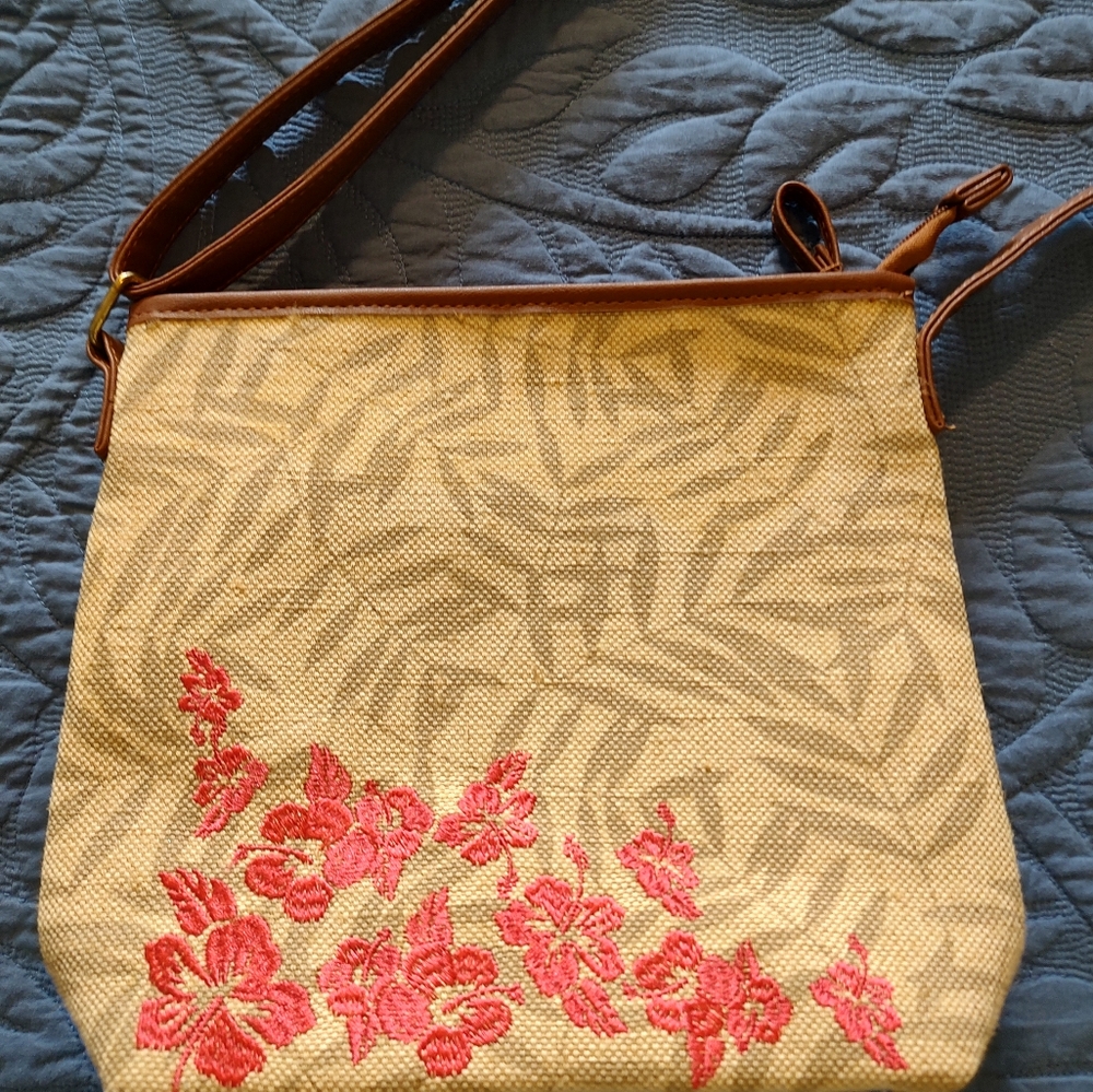 Floral Embroidered Tan and Brown Women's Bag Crossbody Or Shoulder